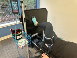 Blood flow restriction on the leg while performing a leg press